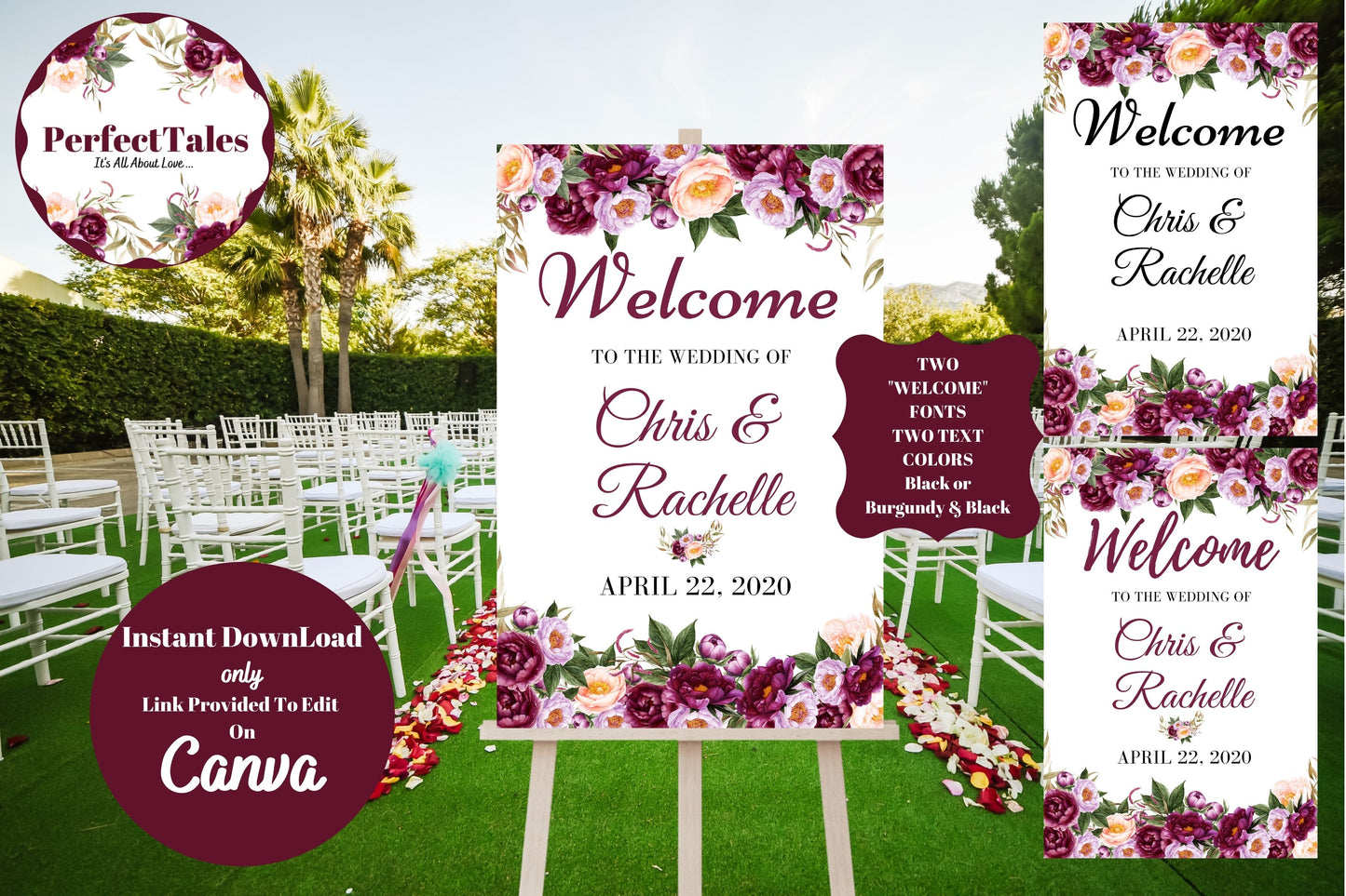 Wedding Welcome Signs - Peonies Flowers